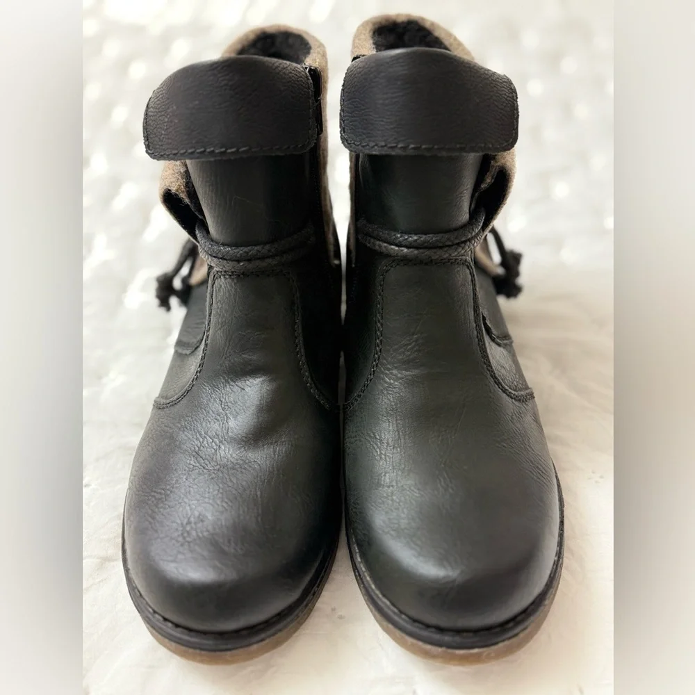 Rieker Fee 93 Black Faux Leather Ankle Boots Booties Women Size 38/7-7.5 Tassels